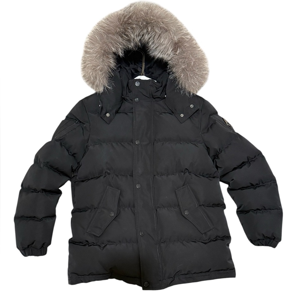 Moose Knuckles Coat Kids Unisex Large Black with Frost Fox Fur Trim hood